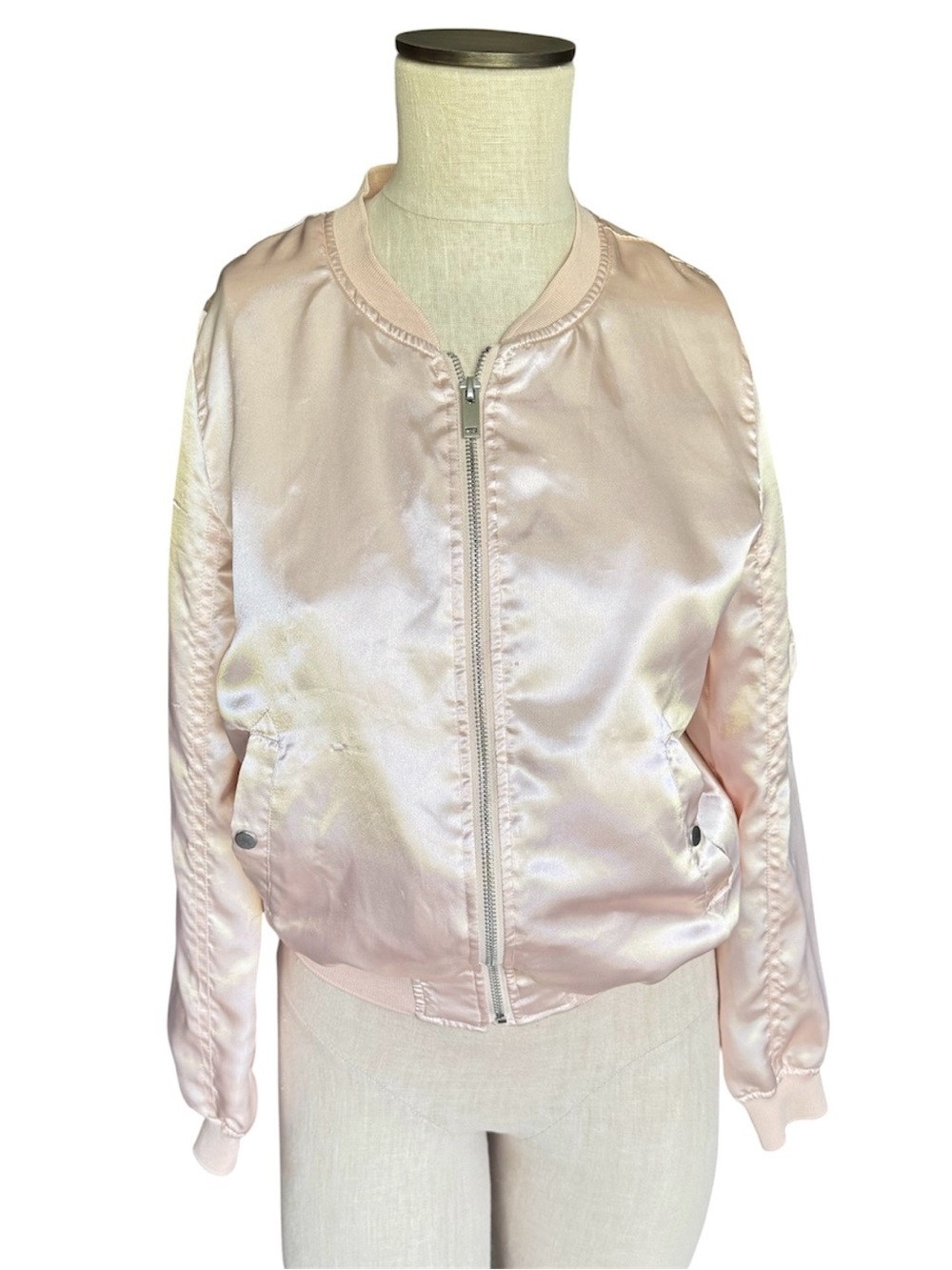 CACHE CACHE FRANCE Baby Pink Satin Bomber Jacket Egyptian Made Sz 34 (EU) 4 (US)